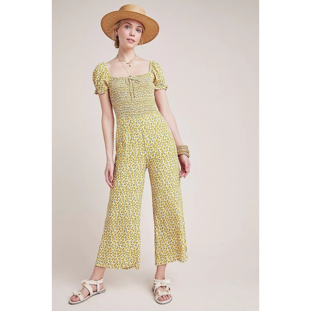 Faithfull the Brand Lazlo Jumpsuit Boho Floral Smocked Puff Sleeve Square Neck X
